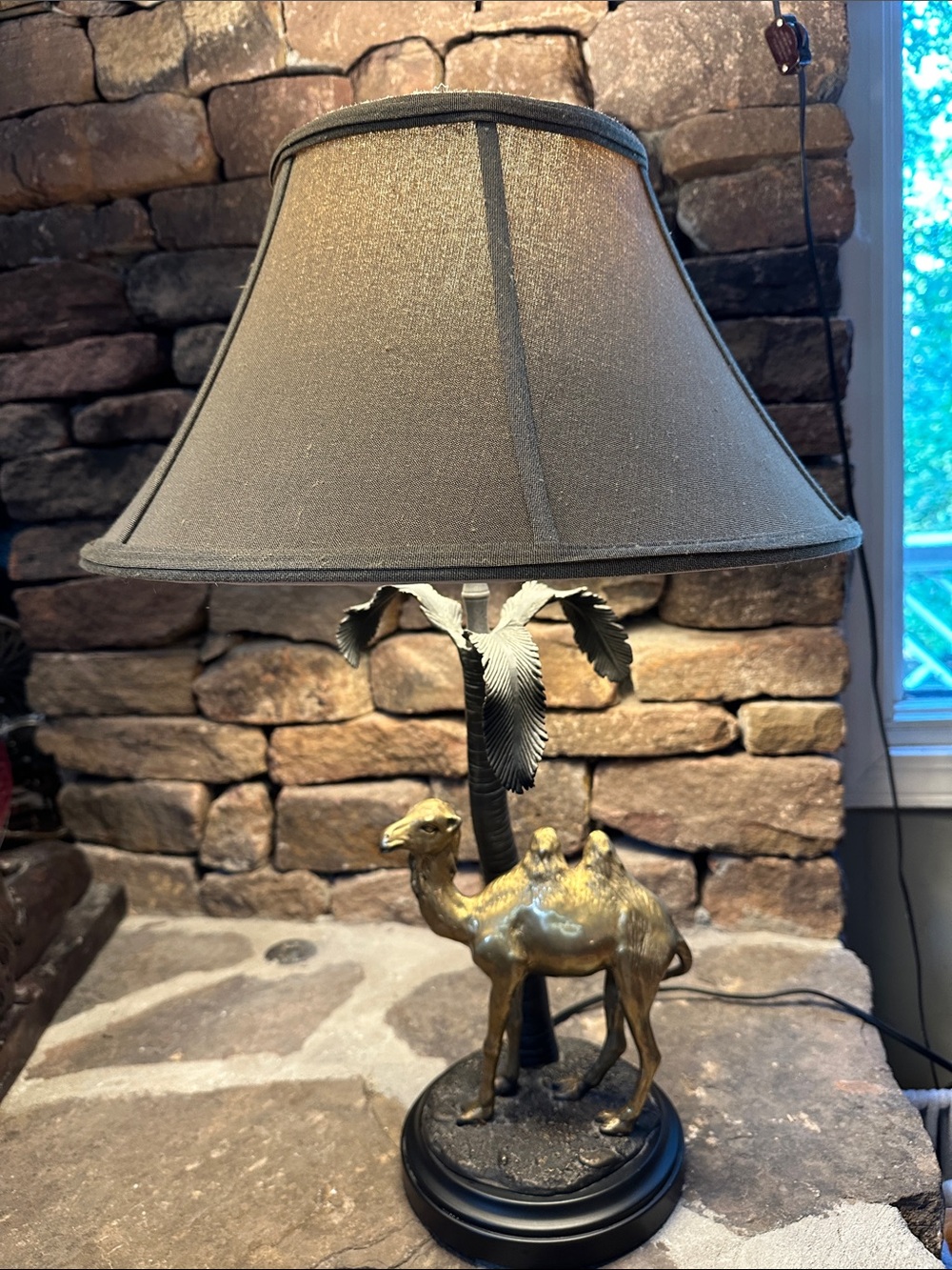 Vintage Brass Camel Table Lamp with Dark Beige Shade